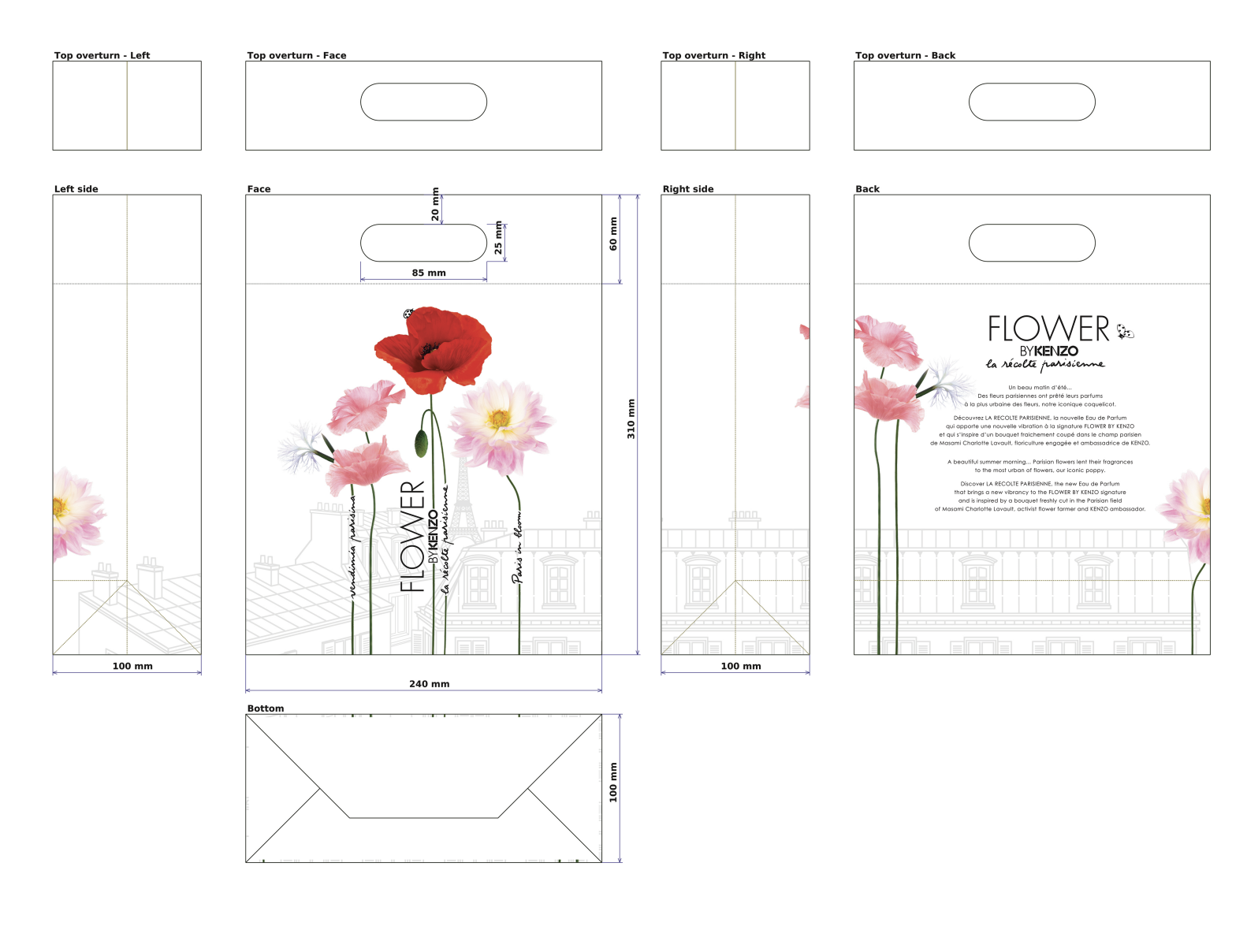 Plan technique du sac événementiel Flower by Kenzo — La Récolte Parisienne, impression florale